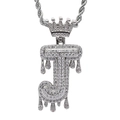 Macro detail of silver hip-hop letter J pendant with crown and dripping zircon design - 3mm*60cm Stainless Steel Rope Chain / Silver J