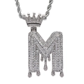 Macro detail of iced-out crown initial M pendant with dripping effect and micro pave zircons - 3mm*60cm Stainless Steel Rope Chain / Silver M