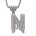 Macro detail of silver hip hop letter N pendant with crown and pavé zircons - 3mm*60cm Stainless Steel Rope Chain / Silver N