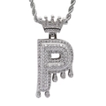 Macro shot of silver letter P pendant with crown detail and drip design in iced-out stones - 3mm*60cm Stainless Steel Rope Chain / Silver P