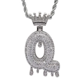 Macro view of silver Hip Hop Q-letter pendant with crown and micro-pave zircons - 3mm*60cm Stainless Steel Rope Chain / Silver Q