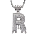 Macro view of iced out letter R pendant with crown detail and micro-pave zircons - 3mm*60cm Stainless Steel Rope Chain / Silver R