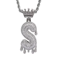 Macro shot of silver hip hop S letter pendant with crown and dripping water details - 3mm*60cm Stainless Steel Rope Chain / Silver S-Shape