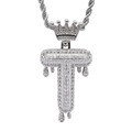 Detail of hip hop letter T pendant with crown and dripping water effect in silver - 3mm*60cm Stainless Steel Rope Chain / Silver T