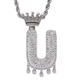 Close-up of hip hop letter U pendant with crown and dripping effect in cubic zirconia - 3mm*60cm Stainless Steel Rope Chain / Silver U
