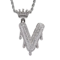 Close-up of hip hop silver pendant with crown and dripping letter V set with cubic zirconia - 3mm*60cm Stainless Steel Rope Chain / Silver V
