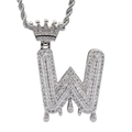 Close-up of hip hop crown letter W pendant with micro-paved zircons and rope chain - 3mm*60cm Stainless Steel Rope Chain / Silver W