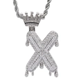 Close-up of hip hop crown pendant with dripping X letter and micro-set cubic zirconia stones - 3mm*60cm Stainless Steel Rope Chain / Silver X
