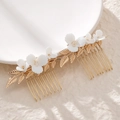 Elegant bridal hair comb set with white clay flowers and golden leaves for wedding hairstyles - Hs-j6707g