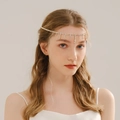 Close-up of bridal rhinestone head chain with cascading fringe tassels and silver crystals - Gold (HS-J6697G)