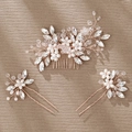 Detail of rose gold bridal hair comb set with white pearls and clear crystals - Hs-j6971s