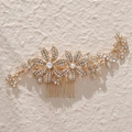 Peineta de novia dorada con elegantes flores, brillantes de imitación blancos y gemas - Estilo Floral de Strass (HS-J6301G) / Dorado