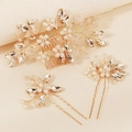 Golden bridal hair comb and pins set with white pearls and sparkling crystals - Gold (HS-J6971G)
