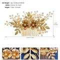 Dettaglio macro del pettine da sposa fatto a mano con fiori dorati, perle e misure - Oro (HS-J7020G)