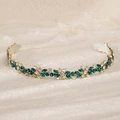 Serre-tête de mariée fait main avec cristaux vert émeraude et ruban en soie blanc - Style Vert Émeraude Strass Perle (WS-J249)