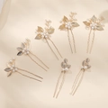 Set de 7 horquillas doradas para novia con perlas y hojas hechas a mano para peinados - Juego de 7 Piezas (HS-J7074G)