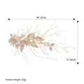 Golden bridal flower hair comb with white pearls and crystals, 23cm width dimension view - Gold