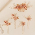 Five-piece bridal hair comb set with peach fabric flowers and golden metal leaves - Peach Pink (HS-J7371GPINK)