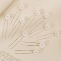Set di 10 forcine per capelli fatte a mano con fiori bianchi perle e clip in metallo argento - Stile Floreale Bianco (HS-J7374S)