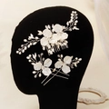 Bridal hair accessory set with white shell flowers pearls and crystals for wedding - Comb And Pins Bundle / Silver Bridal Comb And Pins (HS-J7379S)