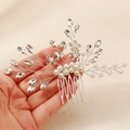 Handmade bridal hair comb featuring silver wire, white pearls, and sparkling rhinestones - Hand-woven Floral Hair Comb (HS-J7344S)
