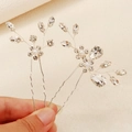 Elegant silver U-shaped hair pins set with sparkling rhinestones and white pearls - Silver U-shaped Floral Hair Pins (HS-J7361S)