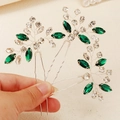 Set de tres horquillas plateadas con cristales verde esmeralda y brillantes de diamantes - Plata Piedra Verde
