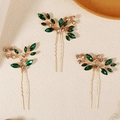Three-piece gold hair pin set with emerald green marquise rhinestones in leaf design - Gold Green Rhinestone (HS-J6405GHG)