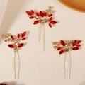 Three-piece gold bridal hairpins set with red marquise rhinestones for wedding hairstyles - Gold Red Rhinestone (HS-J6405GHRED)
