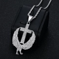 Collana hip hop con croce e ali di aquila in argento con strass e catena a corda intrecciata - Solo Ciondolo Color Acciaio (Senza Catena)