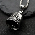 Macro detail of retro stainless steel bell pendant with embossed motorcycle pattern - Silver Color Single Pendant