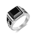 Anillo de sello clásico para hombre en acero inoxidable dorado con ágata negra y símbolo G - US 7 / Color Acero
