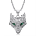 Collar con colgante de cabeza de lobo vikingo en acero plateado con cristales y ojos verdes - Colgante Individual Color Plata