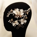 Bridal hair accessory set with white shell flowers, pearls and crystals on gold wire - Comb And Pins Bundle / Gold Bridal Comb And Pins (HS-J7379G)