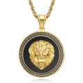 Pendentif tête de lion hip-hop en acier doré avec motif grec et yeux en zircone - Pendentif Uniquement (Sans Chaîne) / Doré