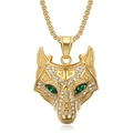Collar colgante de cabeza de lobo vikingo en oro con diamantes y ojos de piedra verde - Solo colgante dorado