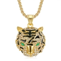 Collier hip hop avec pendentif tête de tigre plaqué or, diamants et yeux verts - Pendentif Seul (Sans Chaîne) / Or
