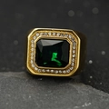 Men's gold-plated wide ring featuring a large rectangular green gemstone and zircons - US 7 / Gold + Green Stone