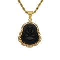 Détail d'un pendentif bouddha noir sculpté avec cadre doré et cristaux étincelants - Noir