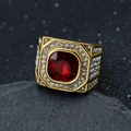 Men's vintage gold ring with square red gemstone and pavé rhinestones on dark rock - US 7 / Gold + Red Stone