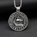 Collar con colgante de lobo vikingo nórdico y círculo de runas en acero inoxidable plata - Colgante Redondo de Cabeza de Lobo (Solo colgante (sin cadena)) / Negro Vintage