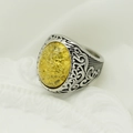 Vintage silver mens ring with oval yellow amber stone and viking floral carvings - Steel Band + Yellow Stone