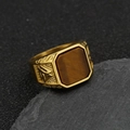 Vintage Viking zegelring van titaniumstaal met bruine tijgeroogsteen en gouden laag - US 7 / Gouden Tijgeroog