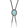 Vintage silver-tone bolo tie with large oval turquoise gemstone on black braided cord - Sky Blue