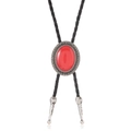 Vintage western bolo tie featuring a red agate stone set in an ornate silver metal mount - Red