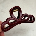 Detail showing Burgundy wine red bow hair claw clip with golden metal spring mechanism - 13cm Double Bow Tie Style