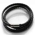 Bracciale multistrato fatto a mano in pelle intrecciata nera con chiusura magnetica - Nero