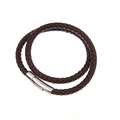Men's double-wrap braided leather bracelet with a polished silver stainless steel clasp - Brown