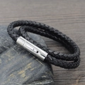 Men's double-layered black woven leather bracelet with polished steel clasp - Black