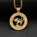 Collana retrò in acciaio al titanio dorato con rilievo zodiacale Toro e catena a sfere - Toro - Oro (Ciondolo Solo - Senza Catena)